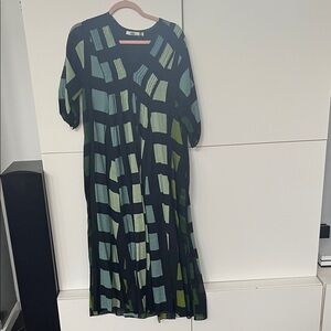 Midi Dress in Black with Green Geometric Print